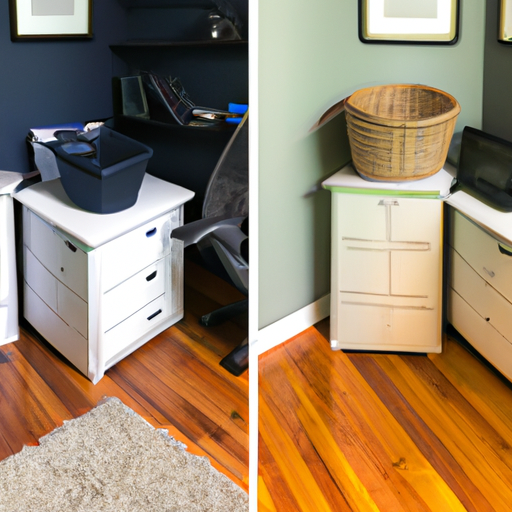 A before-and-after image of a cluttered space versus the same space decluttered