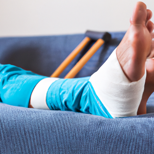 A close-up of a person sitting on the sofa bed with a broken leg visible underneath