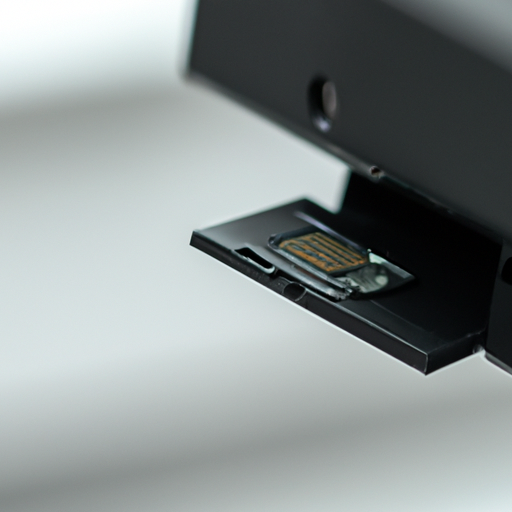 A close-up of an sd card being inserted into a slot on a sleek security camera