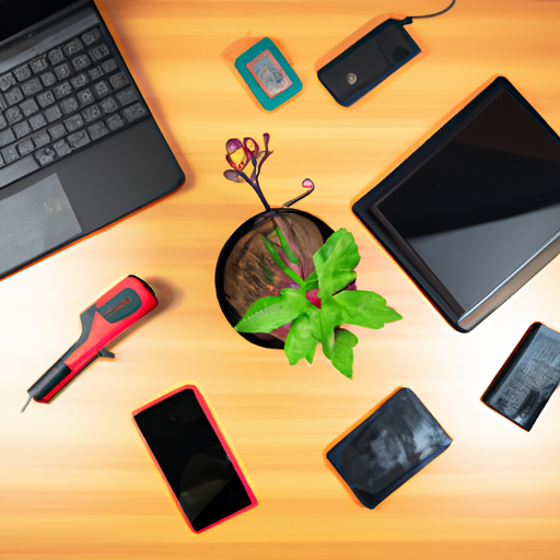 A cluttered desk with various tech gadgets strewn about and a single plant struggling to grow