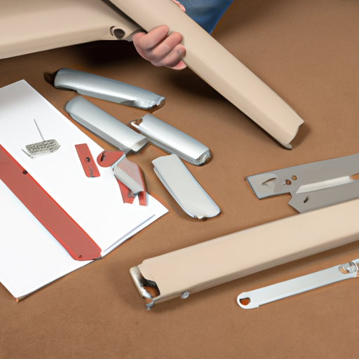 A hand holding a manual and a tool with the sofa bed pieces laid out ready for assembly