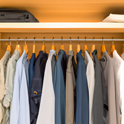 A neat closet with few color-coordinated clothing items on wooden hangers