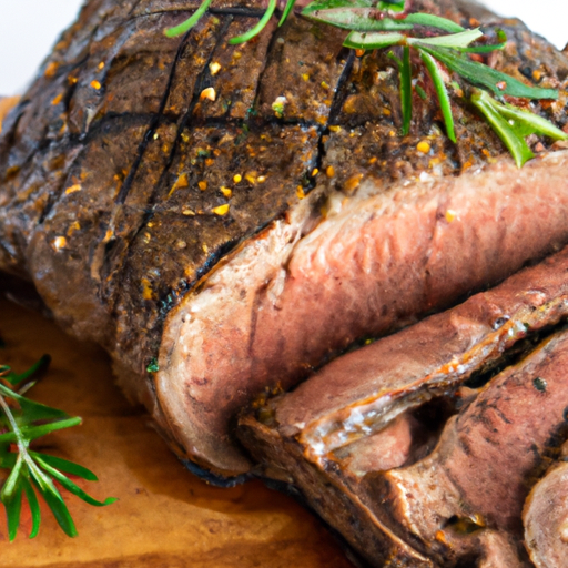 A perfectly cooked roast beef on a cutting board surrounded by fresh herbs