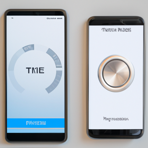 A smartphone showing thermostat app interface beside the actual thermostat on a wall