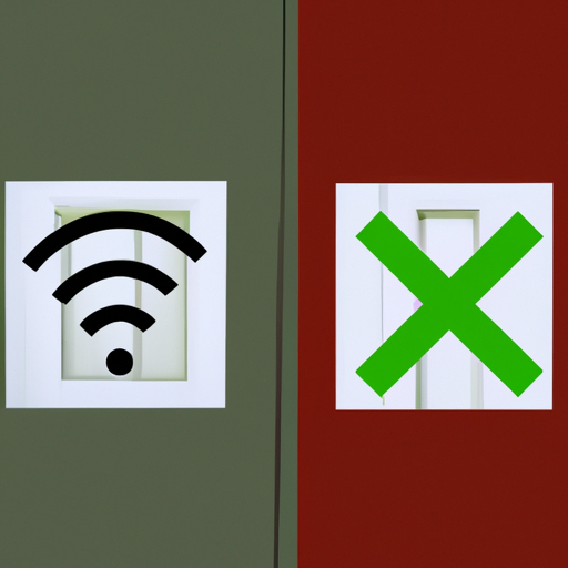 A split image showing a green check mark on one side and a red cross on the other against a background of a door and a wi-fi signal