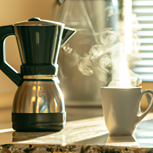 A steaming cup of coffee next to a modern coffee maker in a sunlit kitchen