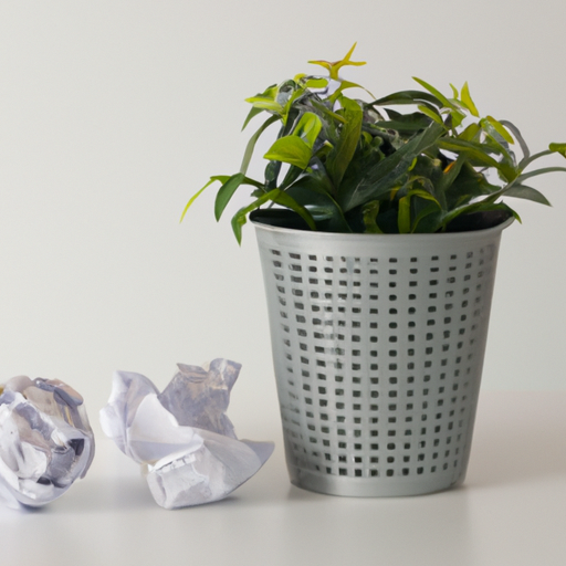 A wastebasket with a few crumpled paper balls next to a small plant in a pot