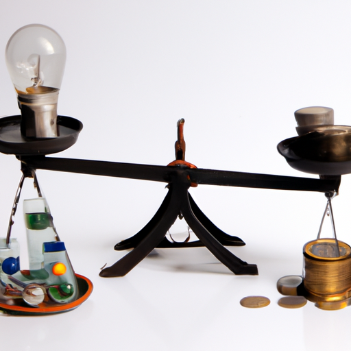 Balance scale with a bulb camera on one side and stacks of coins on the other